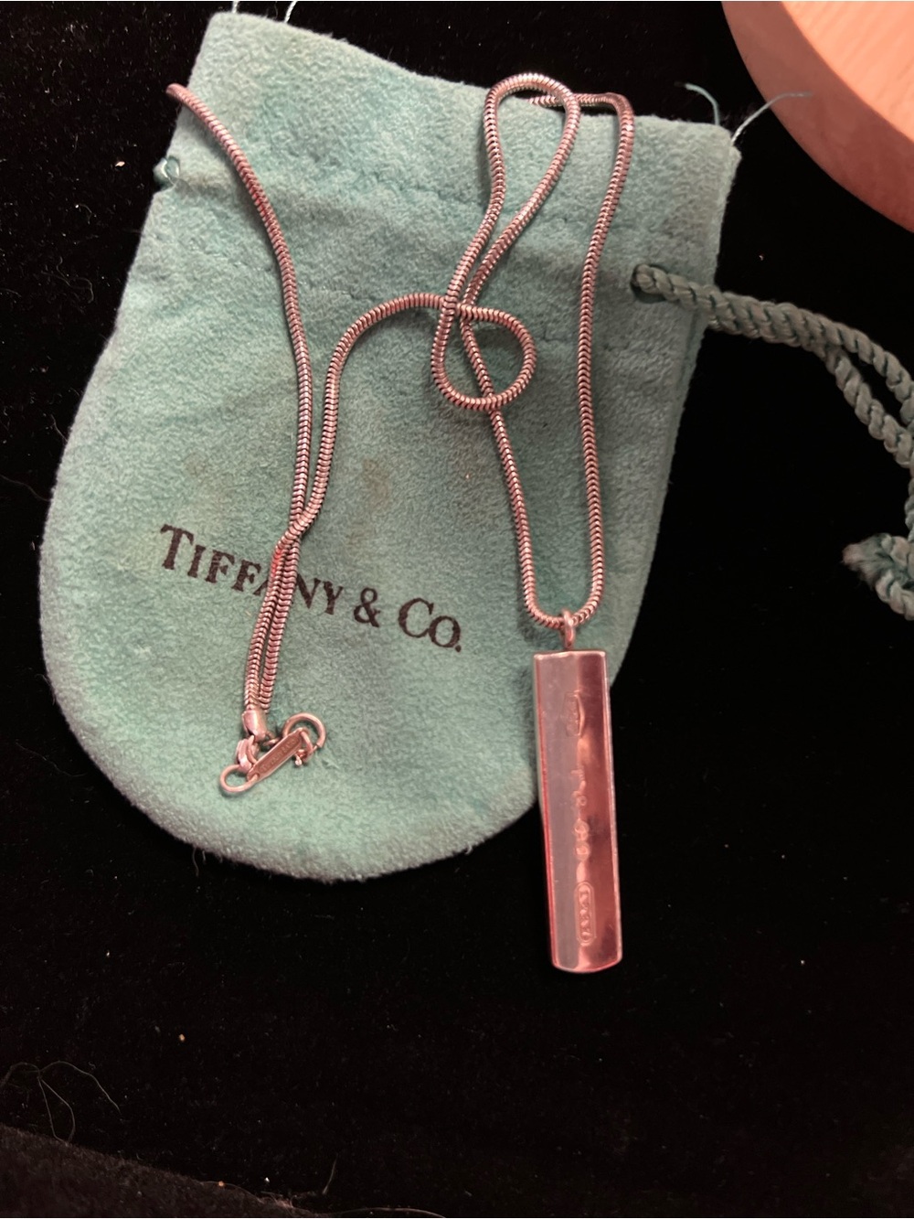 Tiffany & Co. Silver Bar Pendant Necklace with Blue Pouch
